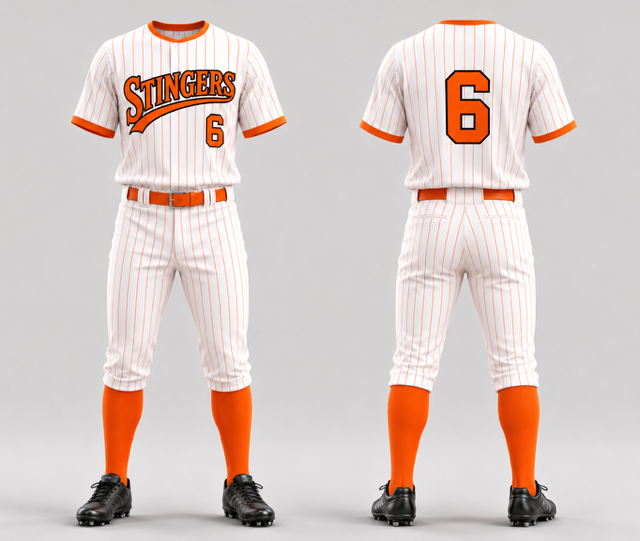 White baseball pants with a custom orange stripe and matching uniform