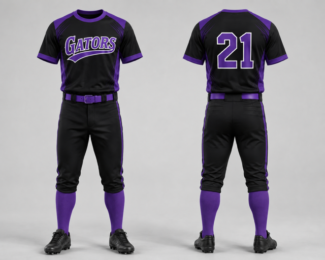 Black and purple crew neck baseball uniform shown from the front and back