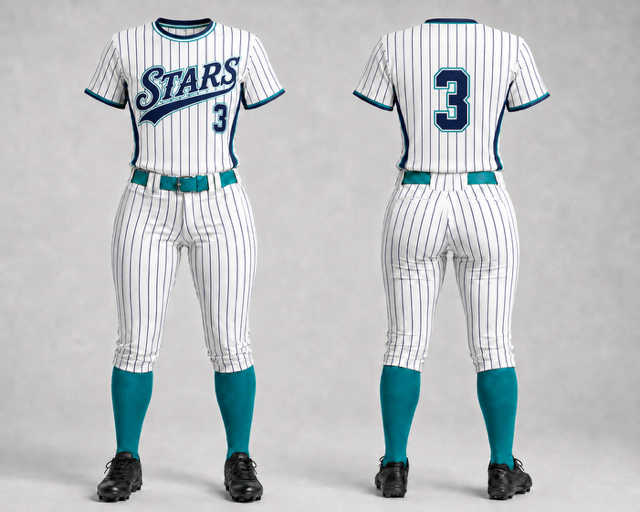 White and teal Stars custom pinstripe fastpitch uniform shown from the front and back