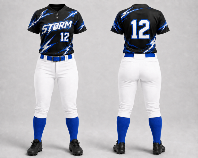 Black and blue Storm two-button fastpitch uniform shown from the front and back