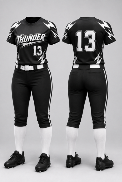 Black and white Thunder custom fastpitch uniform shown from the front and back