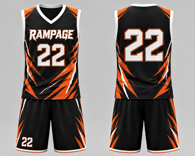 Black, orange and white Rampage custom lacrosse uniform shown from the front and back