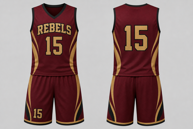 Maroon, gold and black Rebels custom lacrosse uniform shown from the front and back