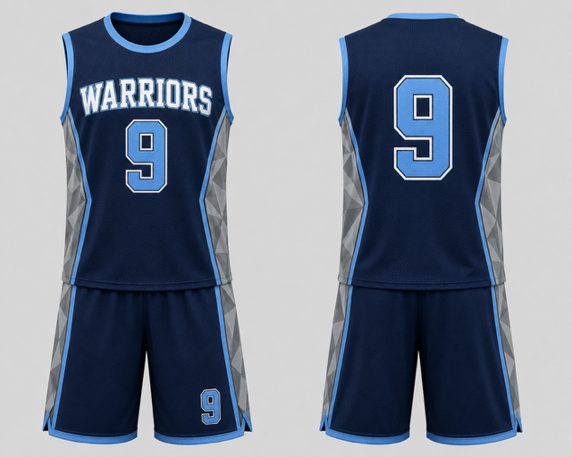 Navy, light blue and silver Warriors custom lacrosse uniform shown from the front and back