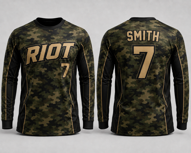 Camouflage Riot long sleeve slowpitch jersey shown from the front and back