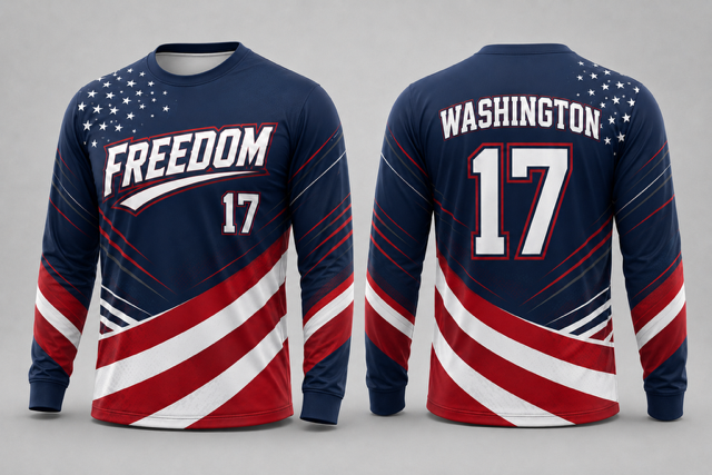 Navy, red and white Freedom long sleeve slowpitch jersey shown from the front and back