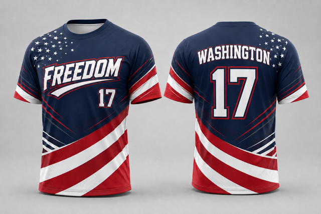 Navy, red and white Freedom short sleeve slowpitch jersey shown from the front and back