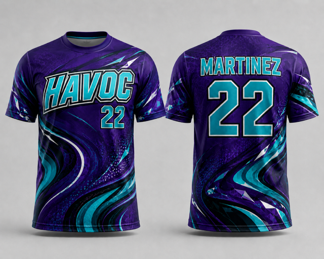 Purple and teal Havoc custom slowpitch jersey shown from the front and back