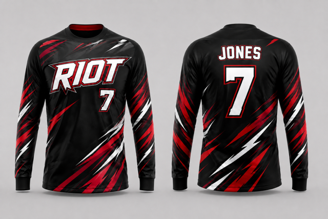 Black, red and white Riot long sleeve slowpitch jersey shown from the front and back