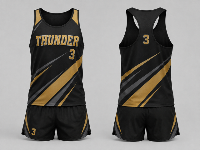 Black, gold and gray Thunder men's custom track uniform shown from the front and back