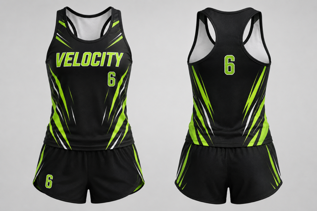 Black and neon green Velocity women's custom track uniform shown from the front and back