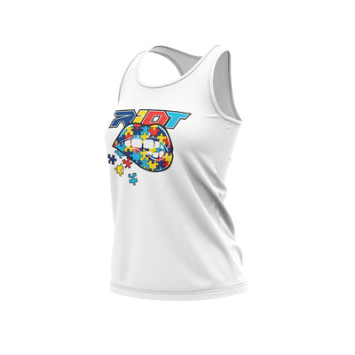 **NEW** White Women's Racerback with Autism Awareness Lips Riot Logo