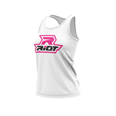 White Women's Racerback with Hot Pink Riot Logo