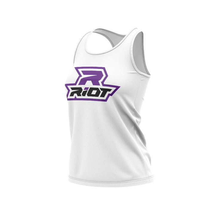 White Women's Racerback with Purple Riot Logo