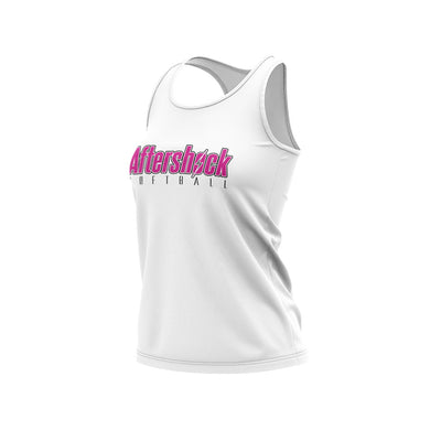 White Women's Racerback Shirt with Aftershock 8U Pink Logo