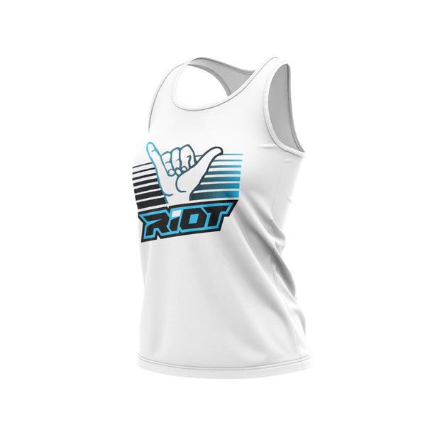 White Women's Racerback with Shaka Hand Riot Logo (choose your logo co ...