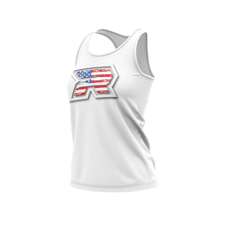 **NEW** White Women's Racerback with USA White R Riot Logo