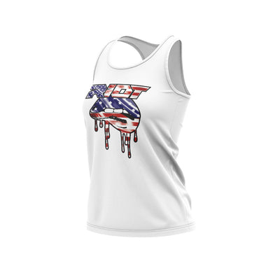 **NEW** White Women's Racerback with USA Lips Riot Logo