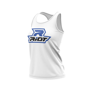 White Women's Racerback with Royal Blue Riot Logo
