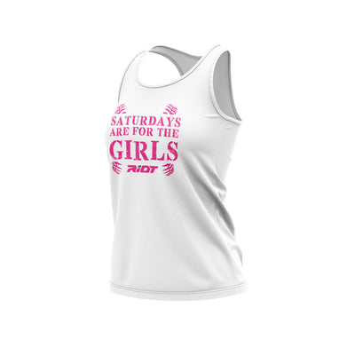 **NEW** White Women's Racerback with Girls Saturdays Riot Logo (choose your logo color)