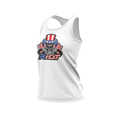 White Women's Racerback with USA Skull & Guns Riot Logo