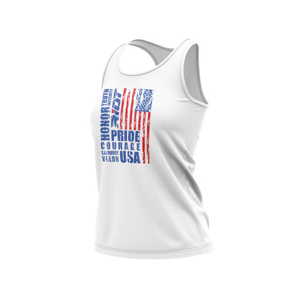 **NEW** White Women's Racerback with USA Honor Valor Pride Riot Logo