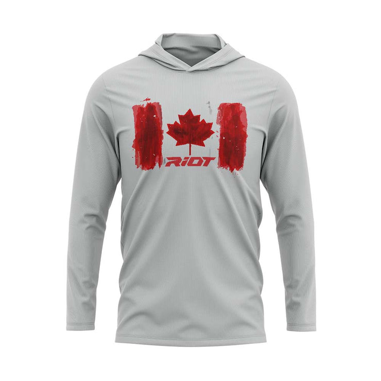 Silver Hooded Long Sleeve Shirt with Riot Canada Watercolor Logo