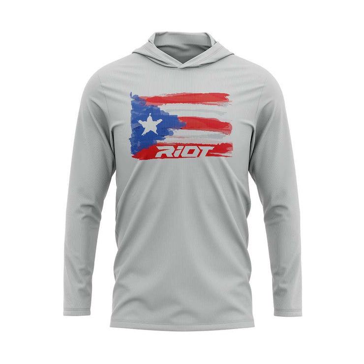 Silver Hooded Long Sleeve Shirt with Riot Puerto Rico Watercolor Logo