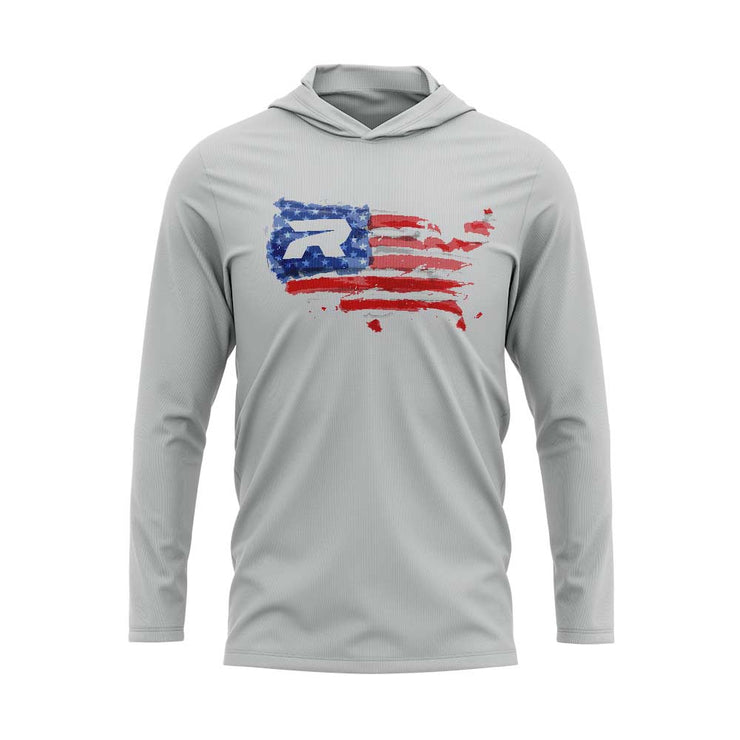 Silver Hooded Long Sleeve Shirt with Riot USA Watercolor Logo