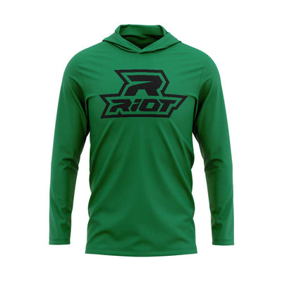 Kelly Green Hooded Long Sleeve Shirt with Black Riot Logo