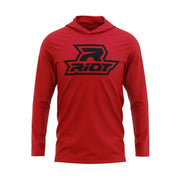 Red Hooded Long Sleeve Shirt with Black Riot Logo