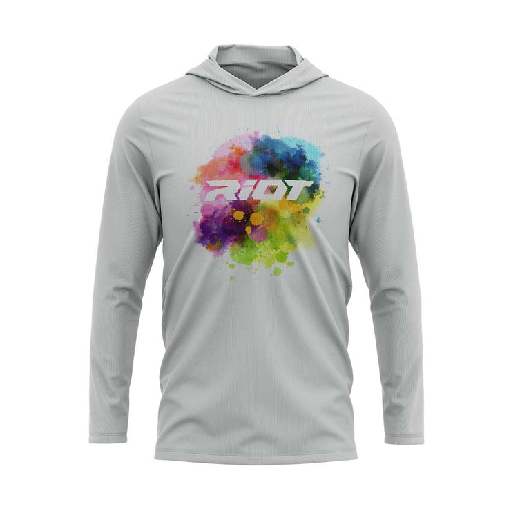 Silver Hooded Long Sleeve Shirt with Riot Watercolor Logo