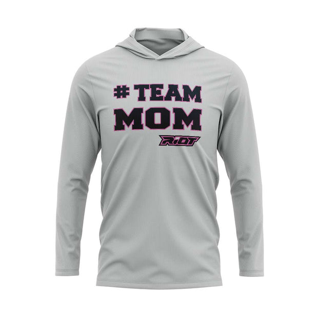 Silver Hooded Long Sleeve Shirt with Riot #Team Mom Logo