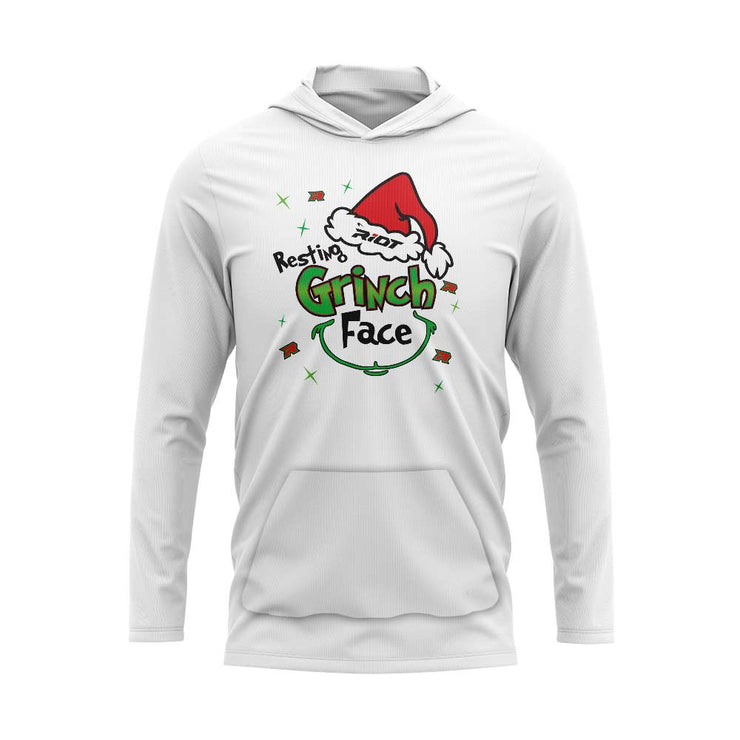 White Hooded Long Sleeve Pocketed Shirt with Riot Resting Grinch Face Logo