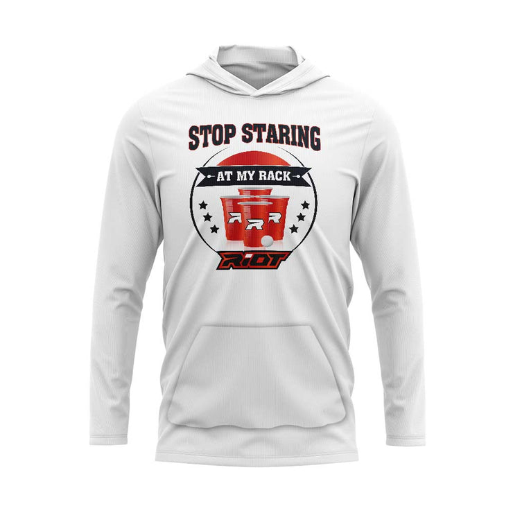 White Hooded Long Sleeve Pocketed Shirt with Riot Stop Staring Logo