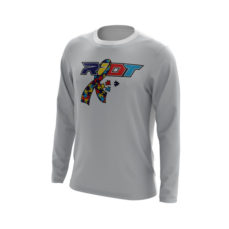 Grey Long Sleeve with Autism Ribbon Riot Logo