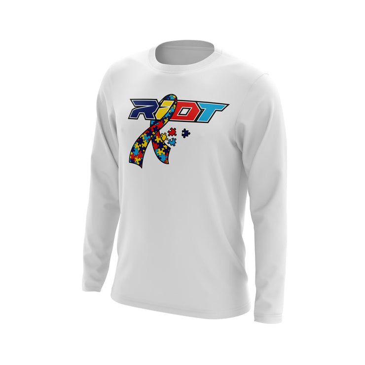 White Long Sleeve with Autism Ribbon Riot Logo