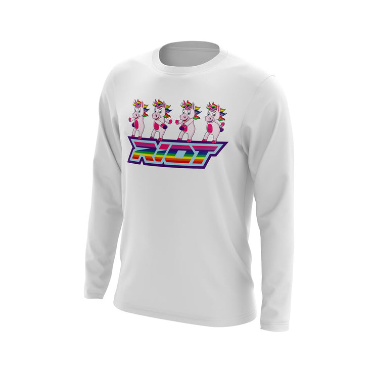 White Long Sleeve with Flossing Unicorn Riot Logo