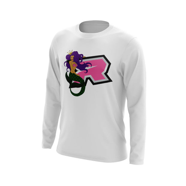 White Long Sleeve with Mermaid Pinup Riot Logo