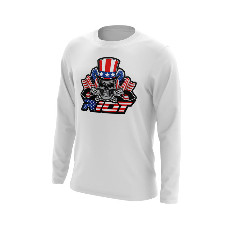 White Long Sleeve with USA Skull & Guns Riot Logo