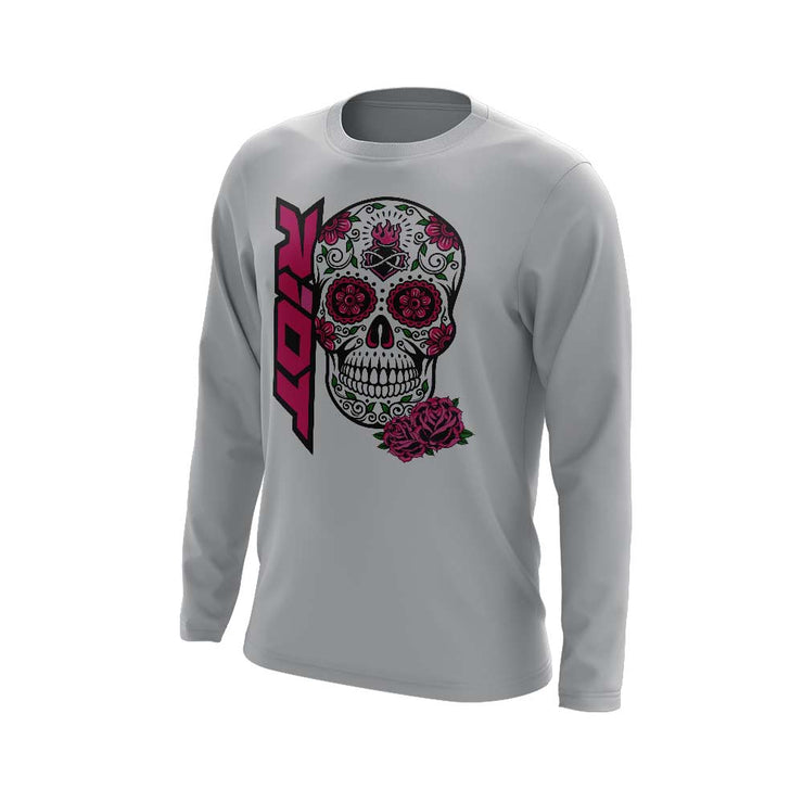 Grey Long Sleeve Shirt with Sugar Skull Riot Logo