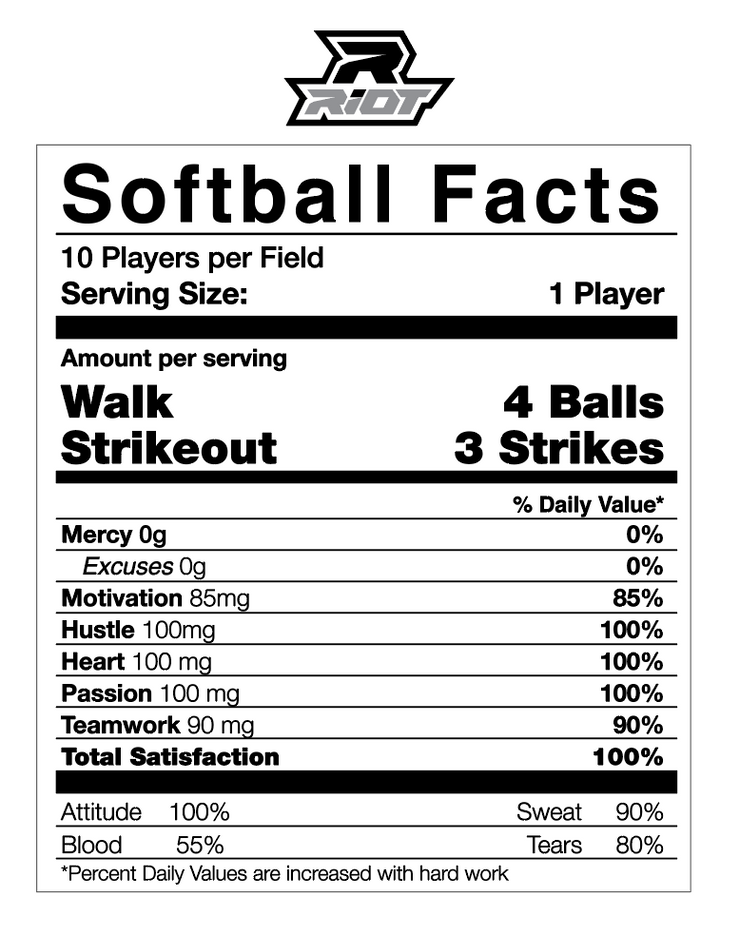 **NEW** White Short Sleeve Shirt with Softball Facts Riot Logo - Choose your logo color
