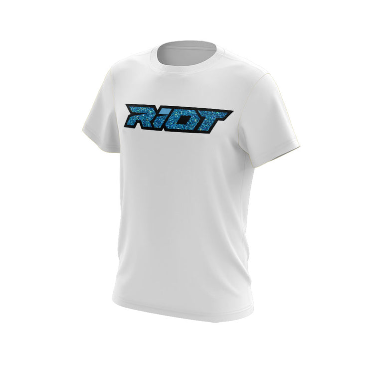 White Short Sleeve with Blue Glitter Riot Logo