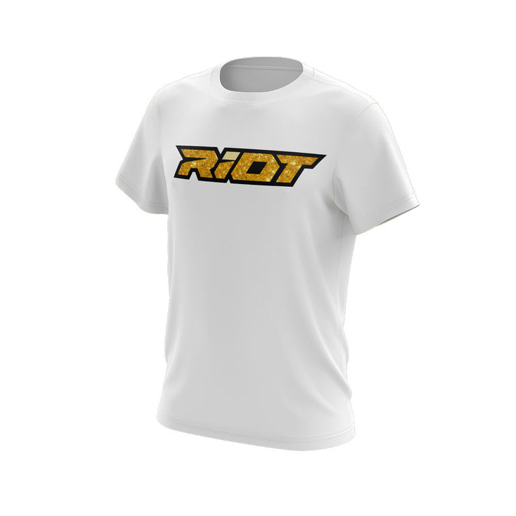 White Short Sleeve with Gold Glitter Riot Logo