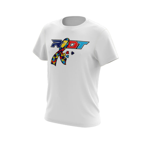 White Short Sleeve with Autism Ribbon Riot Logo