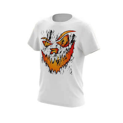 White Short Sleeve Shirt with Halloween Jack-O-Lantern Riot Logo