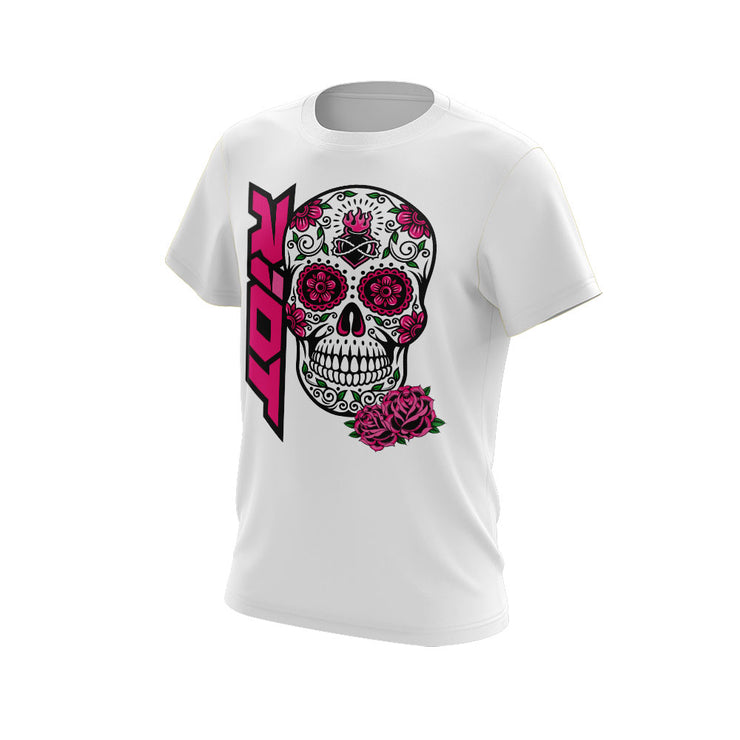 White Short Sleeve Shirt with Halloween Sugar Skull Riot Logo
