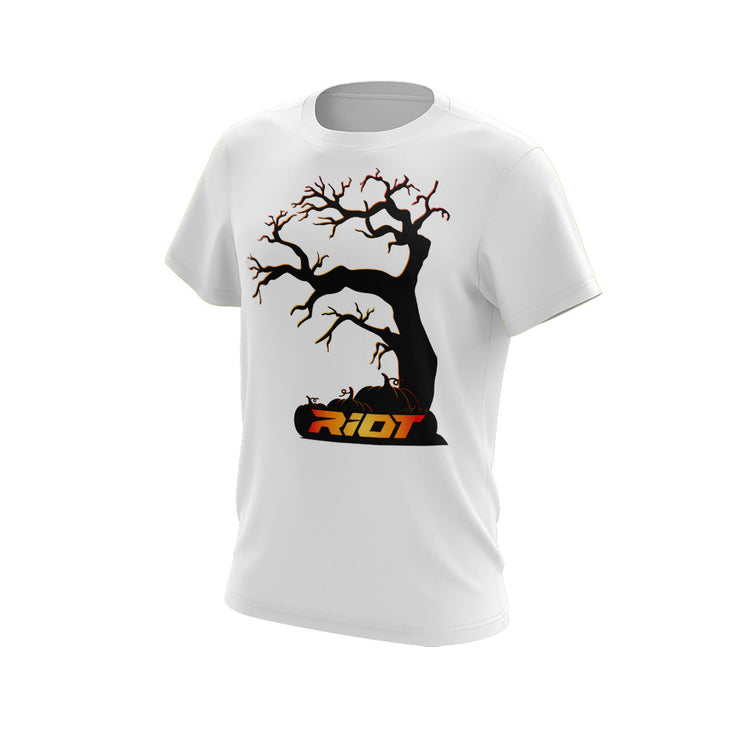 White Short Sleeve Shirt with Halloween Tree Riot Logo