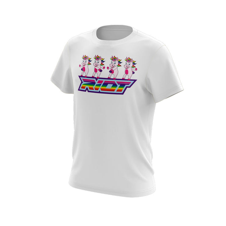 White Short Sleeve with Flossing Unicorn Riot Logo
