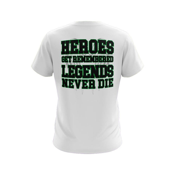 White Short Sleeve Shirt with Legends Never Die Riot Logo - Choose your logo color